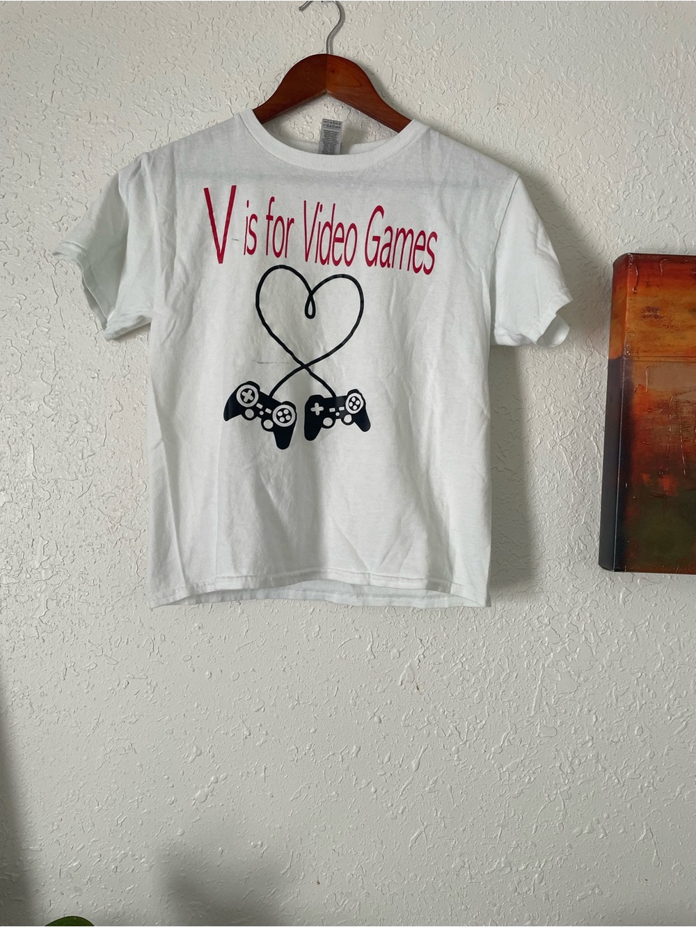 Gildan White Tee with Red 'V is for Video Games' and Black Controller Graphics